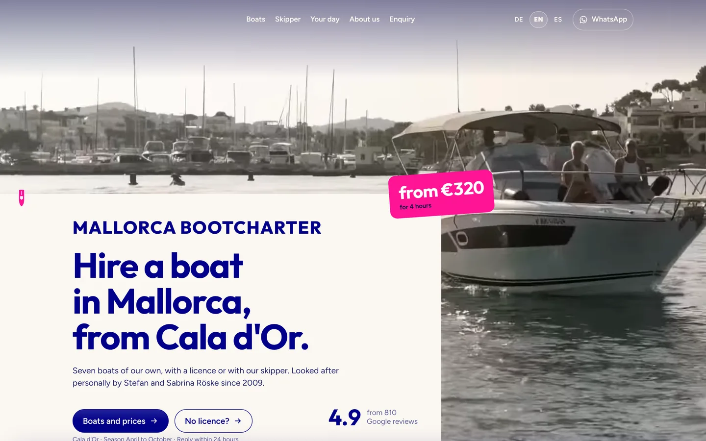 Englische Startseite: Hire a boat in Mallorca, from Cala d'Or