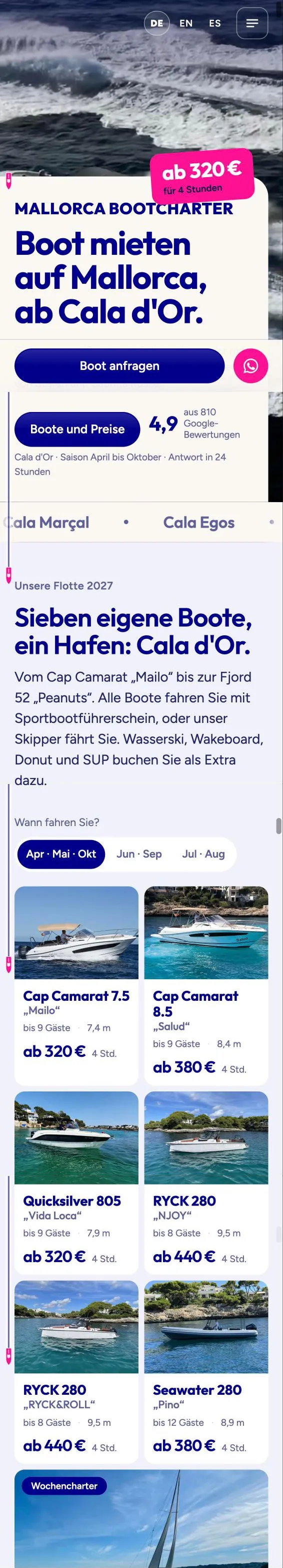 Startseite von Mallorca Bootcharter auf dem Handy
