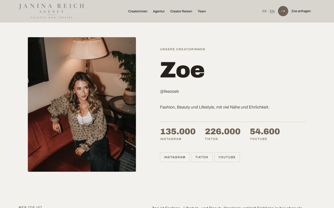 Seite der Creatorin Zoe mit Porträt und Reichweite bei Instagram, TikTok und YouTube