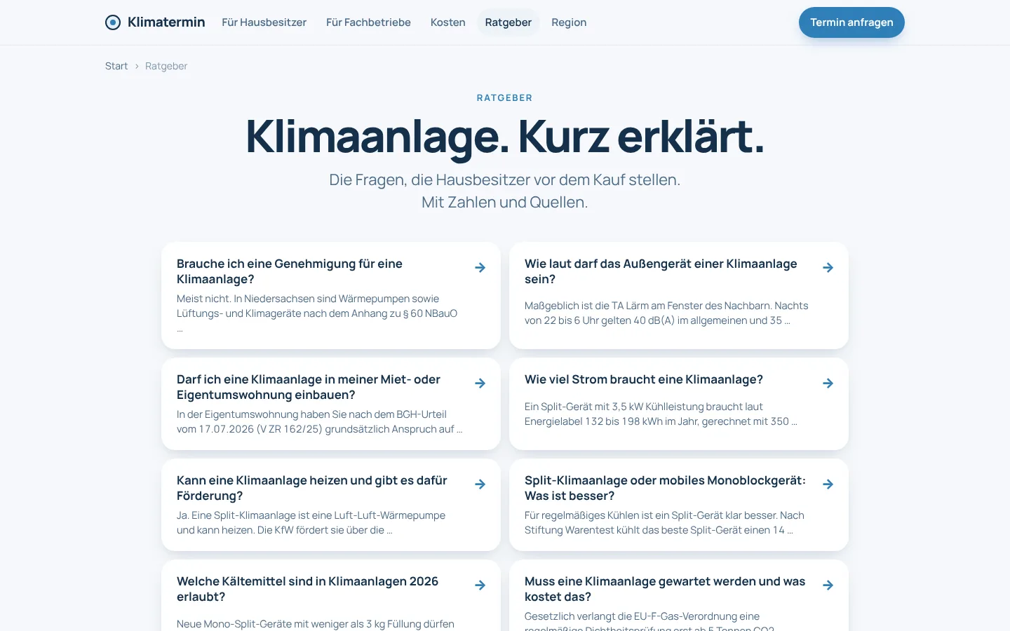 Ratgeber-Übersicht: Klimaanlage. Kurz erklärt. Fragen der Hausbesitzer mit Antworten