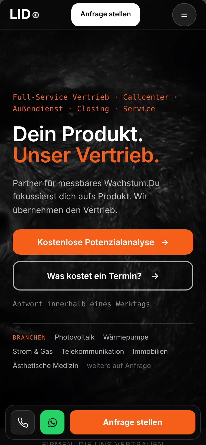 Kopf der Startseite auf dem Handy mit Branchenliste und zwei Knöpfen