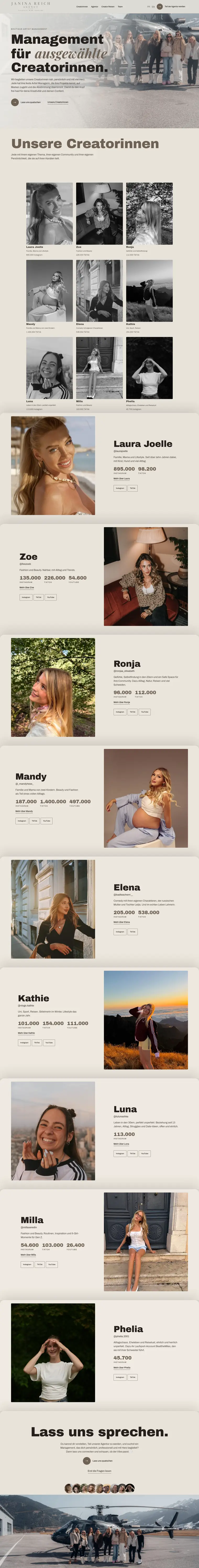 Die Startseite der Janina Reich Agency am Handy, von oben bis unten