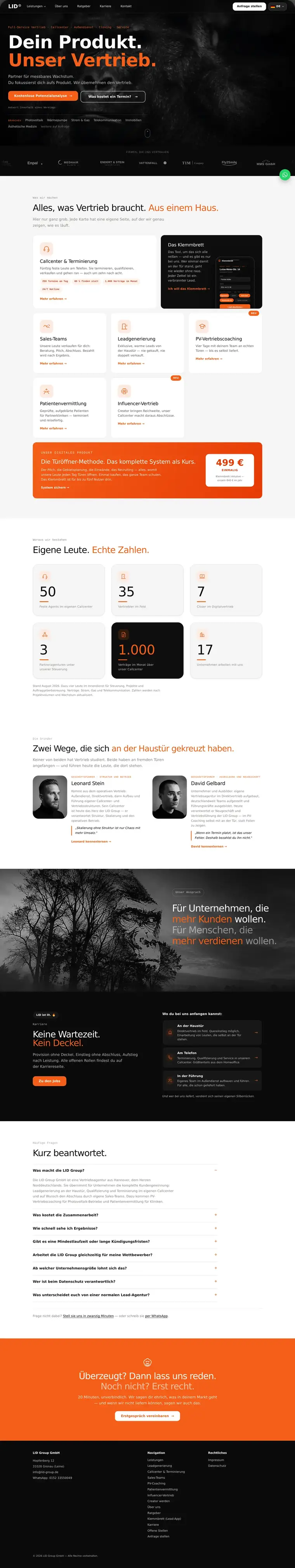 Die komplette Startseite der LID Group im Browser