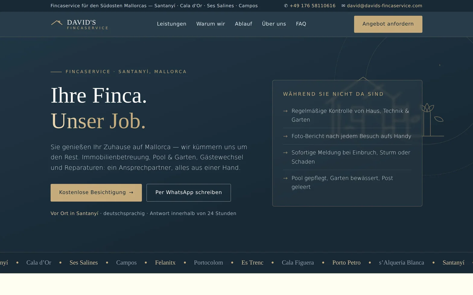 Die neue Seite von Davids Fincaservice mit der Überschrift Ihre Finca. Unser Job.