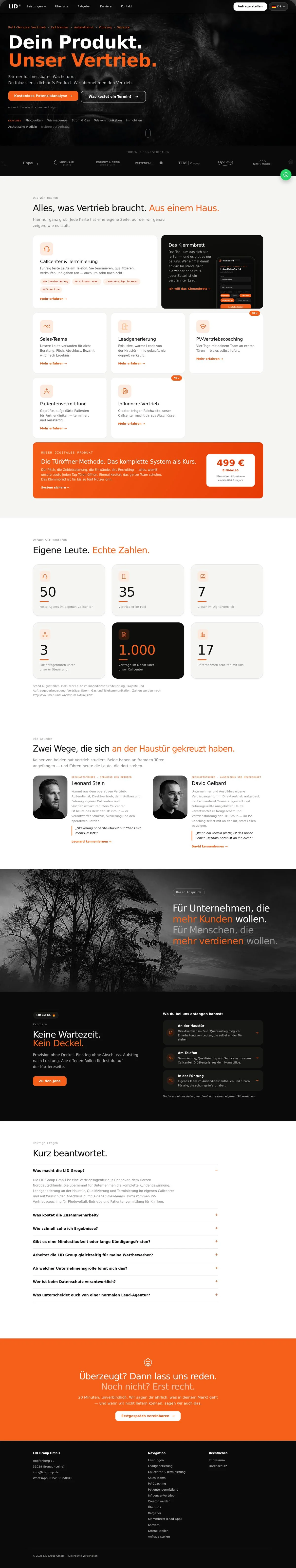 Die Startseite der LID Group von oben bis unten: Überschrift Dein Produkt. Unser Vertrieb., die sechs Leistungen, Zahlen, Team und Kontakt.