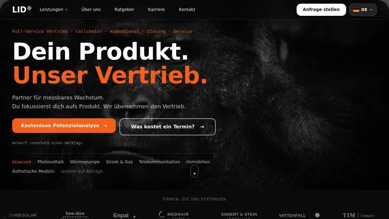 Startseite der LID Group mit der Überschrift Dein Produkt. Unser Vertrieb.