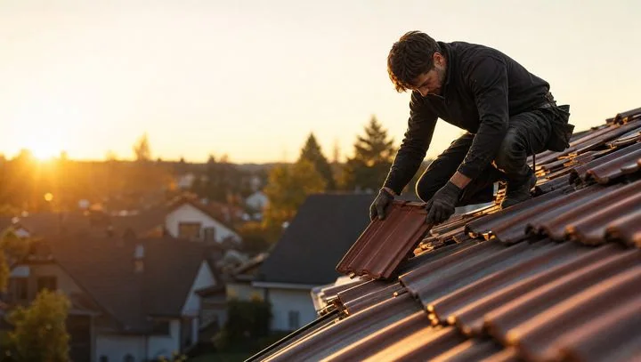 Dachdecker setzt bei Sonnenuntergang einen Ziegel auf ein Steildach