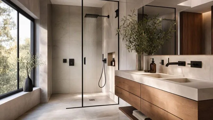 Modernes Badezimmer mit Regendusche und Holzwaschtisch